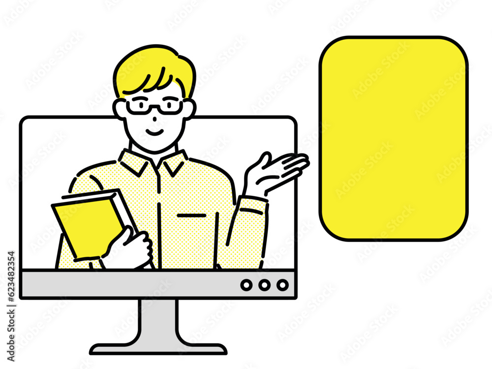 Businessman explains online social marketing concepts in a monitor Businessman explains online social marketing concepts in a monitor