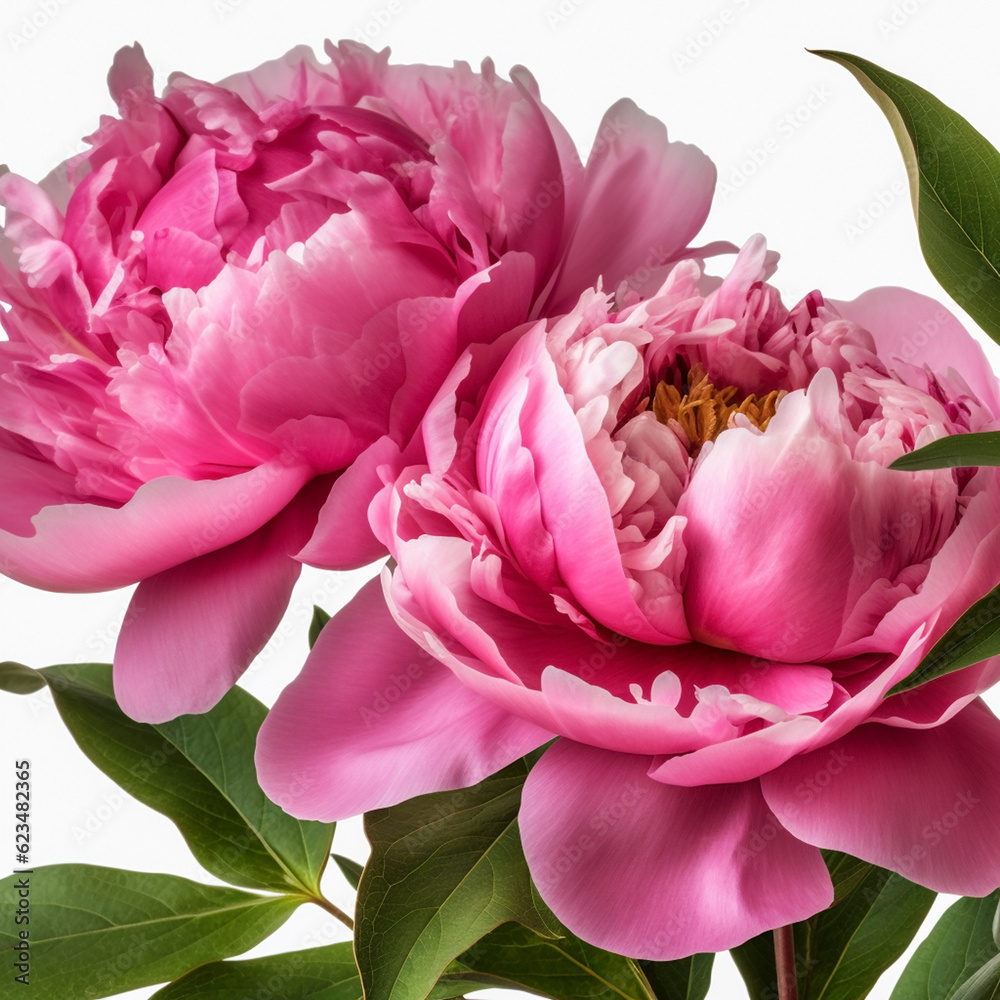 Natural beautiful flowers pink peonies with green leaves on a white background, Generative AI, generative artificial intelligence