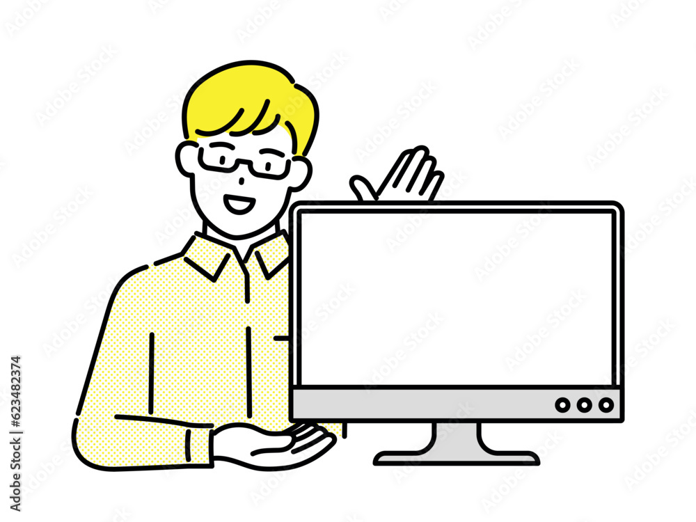 Man explaining what's on his monitor screen Man explaining what's on his monitor screen