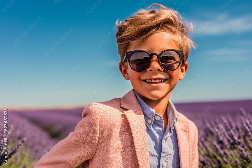 Three-quarter studio portrait photography of a joyful kid male wearing a trendy sunglasses against a lavender field background. With generative AI technology Three-quarter studio portrait photography of a joyful kid male wearing a trendy sunglasses against a lavender field background. With generative AI technology