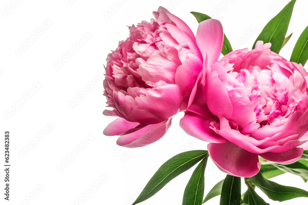 Natural beautiful flowers pink peonies with green leaves on a white background, Generative AI, generative artificial intelligence Natural beautiful flowers pink peonies with green leaves on a white background, Generative AI, generative artificial intelligence