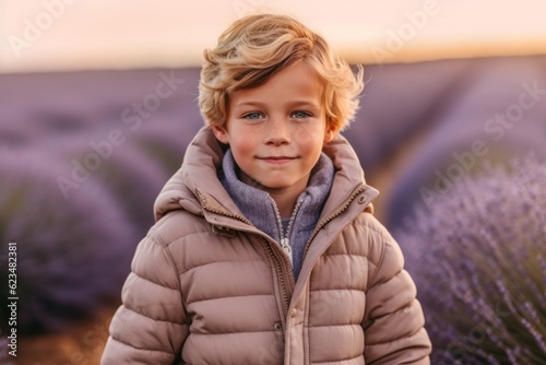 Three-quarter studio portrait photography of a glad kid male wearing a cozy winter coat against a lavender field background. With generative AI technology