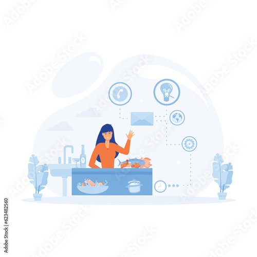 Multitasking busy mom at home concept, A woman managing the balance between family life, house work and business career,  flat vector modern illustration