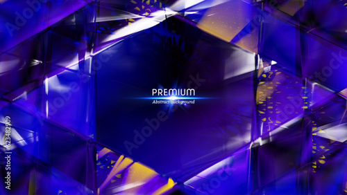 Premium abstract background. Purple glass crystal frame, dark blue and yellow glass geometrical backdrop  