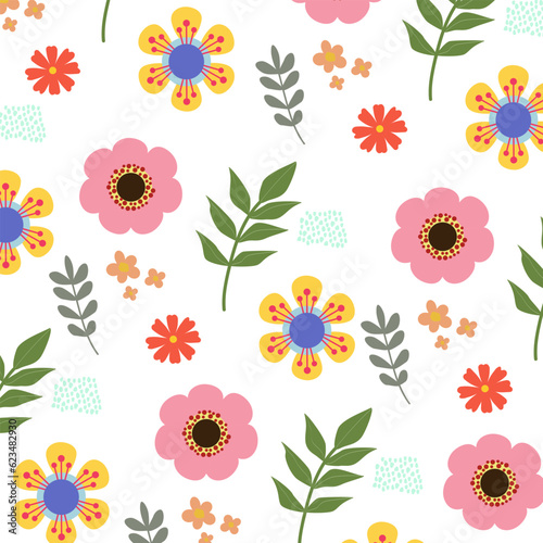 Pattern with colorful flowers, leaves, grass. Simple flat vector design. Textile botanical print.