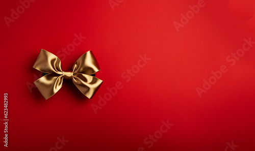 Shiny gold bow and ribbon on Christmas red background, Christmas gift,present,greeting card,holiday concept top view