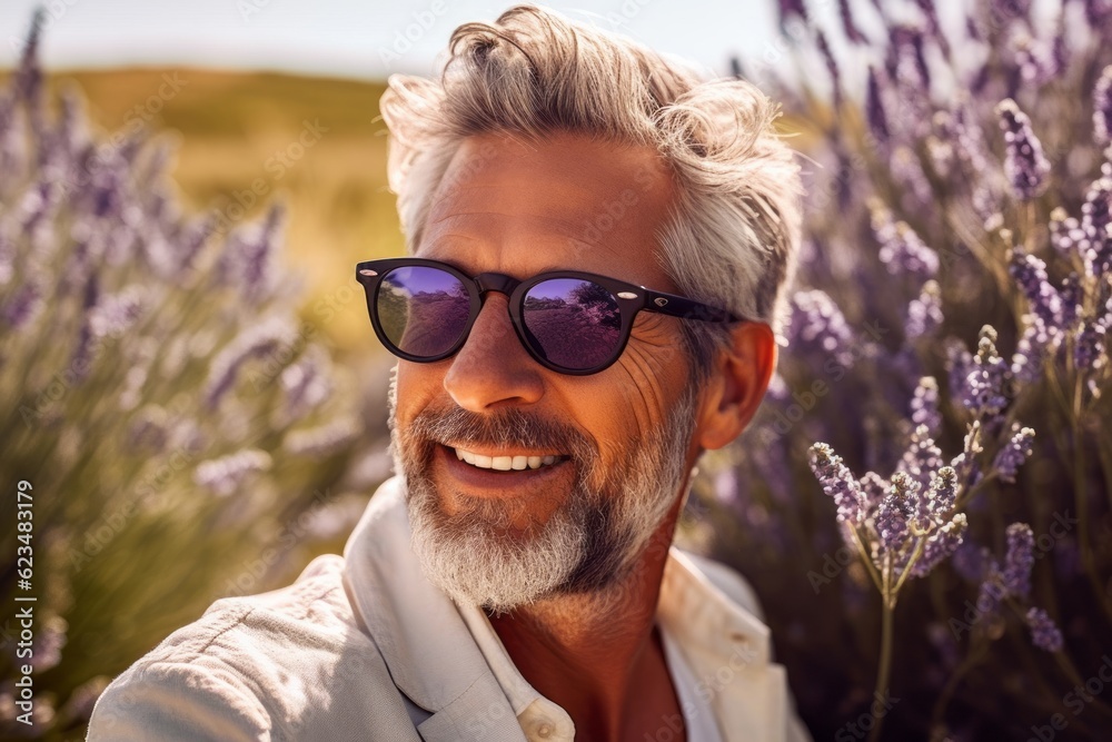 Close-up portrait photography of a happy mature man wearing a trendy sunglasses against a lavender field background. With generative AI technology Close-up portrait photography of a happy mature man wearing a trendy sunglasses against a lavender field background. With generative AI technology