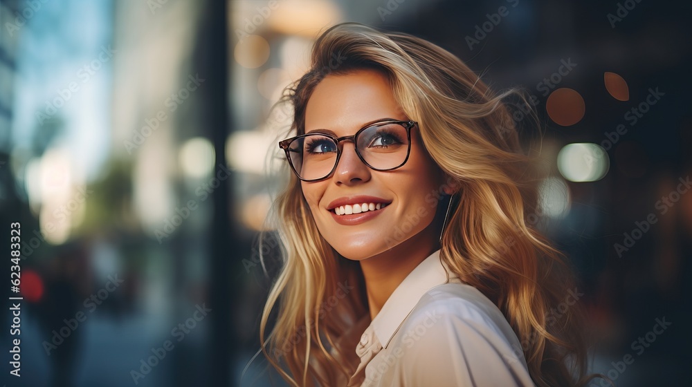 business woman on glasses. meeting and connection. at building district background in the morning, bokeh. dynamic lighting from the setting morning sun, generative Ai. business woman on glasses. meeting and connection. at building district background in the morning, bokeh. dynamic lighting from the setting morning sun, generative Ai.