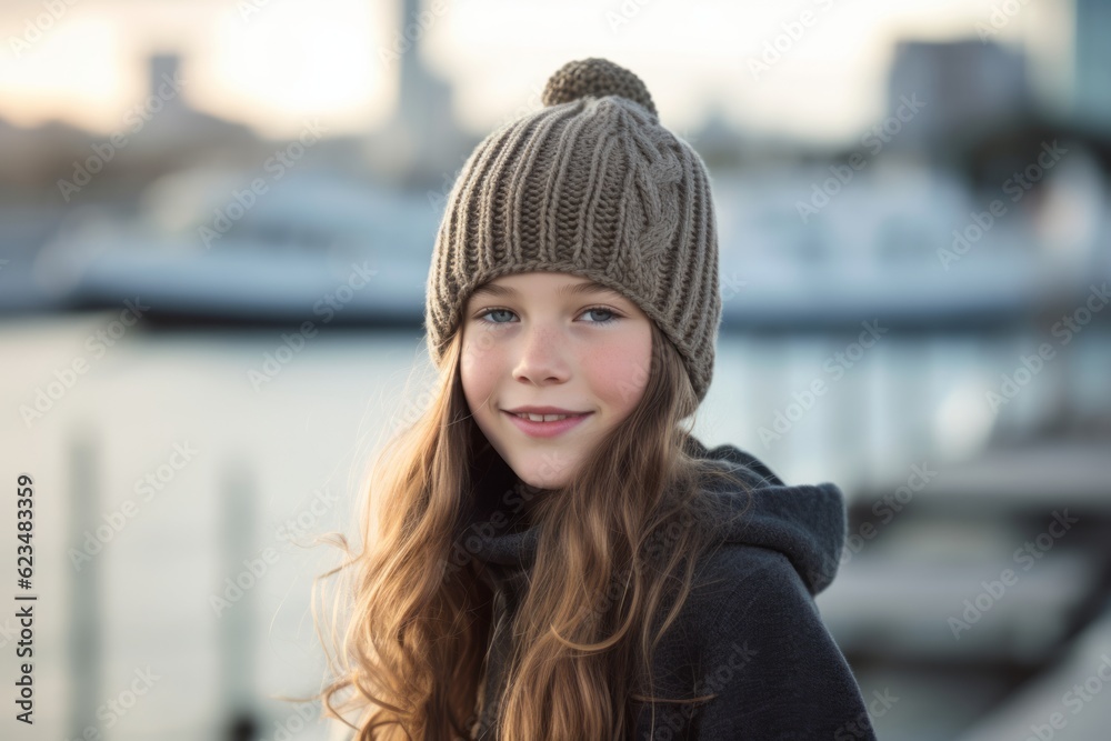Urban fashion portrait photography of a glad kid female wearing a warm beanie or knit hat against a picturesque harbor background. With generative AI technology