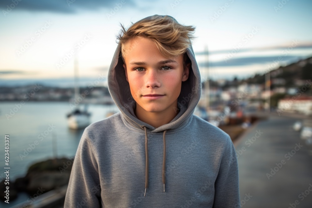 Studio portrait photography of a glad kid male wearing a comfortable hoodie against a picturesque harbor background. With generative AI technology