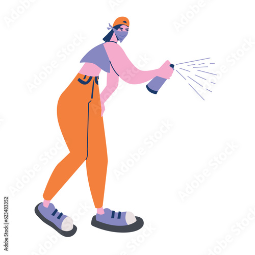 Female street artist spraying a paint vector illustration.
