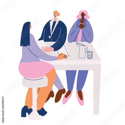 Human resources female managers interviewing a candidate vector illustration.