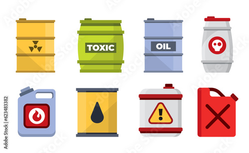 chemical substances containers set. metal iron and plastic containers with radioactive wastes, toxic components gas warnings, flammable sign. Vector cartoon containers.