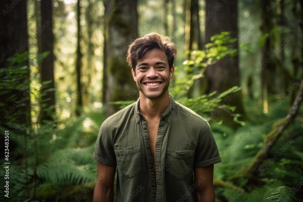 Environmental portrait photography of a joyful boy in his 30s wearing a casual short-sleeve shirt against a moss-covered forest background. With generative AI technology Environmental portrait photography of a joyful boy in his 30s wearing a casual short-sleeve shirt against a moss-covered forest background. With generative AI technology