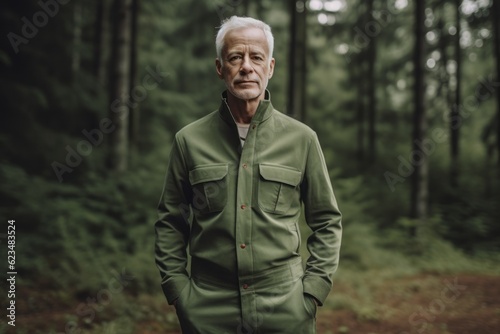 Urban fashion portrait photography of a glad mature man wearing a chic jumpsuit against a moss-covered forest background. With generative AI technology