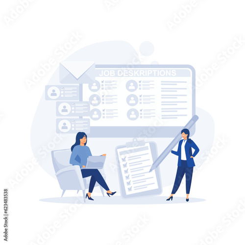 Work Descriptions Concept,  Applicants Searching Job Learning Offers in Internet Resource. flat vector modern illustration 