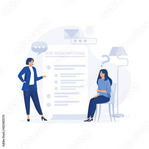 duties and responsibilities for work, Job description concept, employer notify of job description, flat vector modern illustration