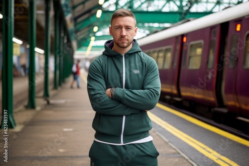 Studio portrait photography of a satisfied boy in his 30s wearing a comfortable tracksuit against a historic train background. With generative AI technology