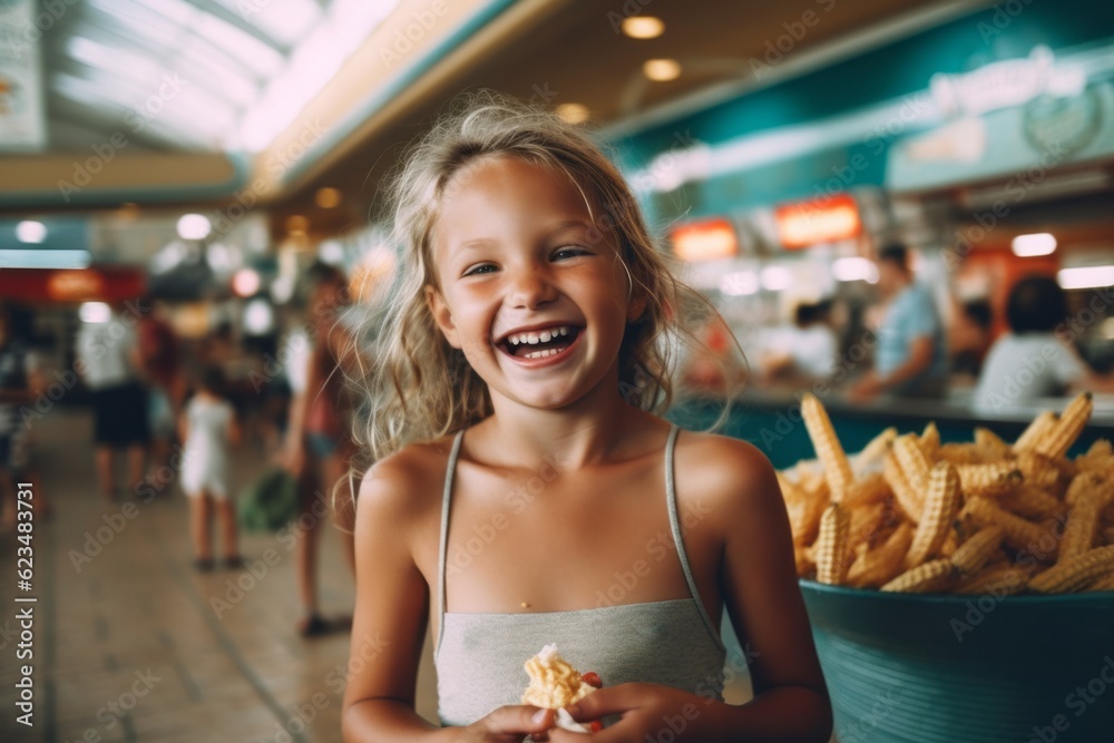 Eclectic portrait photography of a happy kid female wearing a daring bikini against a bustling food court background. With generative AI technology