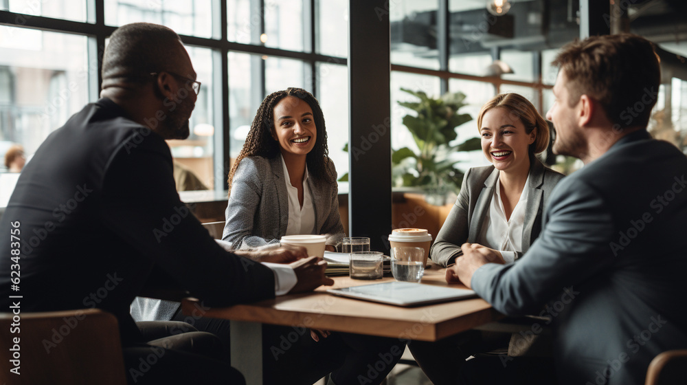 Fototapeta premium A diverse team of professionals engaged in a productive discussion, reflecting the importance of inclusivity in business Generative AI