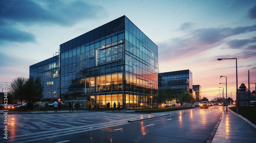 A panoramic view of a modern office building at dusk, symbolizing the thriving nature of the business world Generative AI