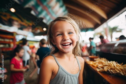 Eclectic portrait photography of a happy kid female wearing a daring bikini against a bustling food court background. With generative AI technology
