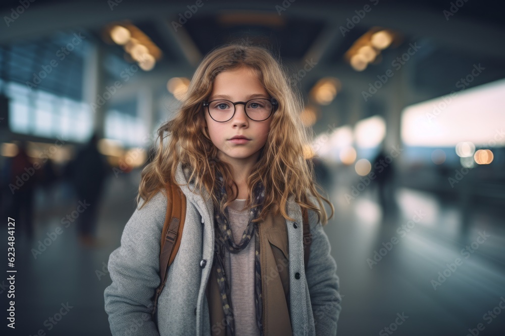 Urban fashion portrait photography of a glad kid female wearing a chic cardigan against a busy airport terminal background. With generative AI technology Urban fashion portrait photography of a glad kid female wearing a chic cardigan against a busy airport terminal background. With generative AI technology