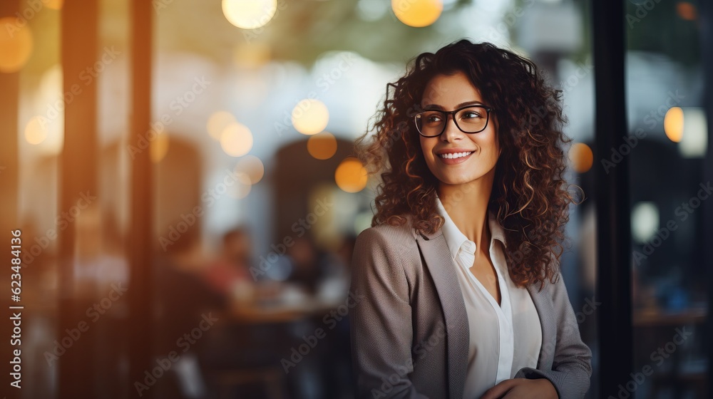Obraz premium business woman on glasses. meeting and connection. at building district background in the morning, bokeh. dynamic lighting from the setting morning sun, generative Ai.