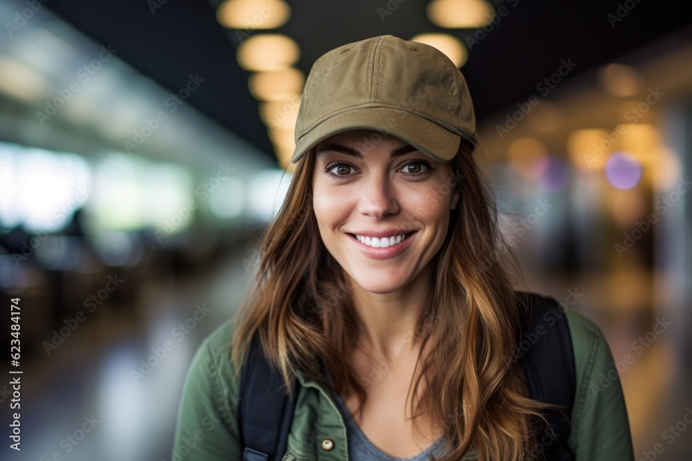 Headshot portrait photography of a glad girl in her 30s wearing a cool cap against a busy airport terminal background. With generative AI technology Headshot portrait photography of a glad girl in her 30s wearing a cool cap against a busy airport terminal background. With generative AI technology