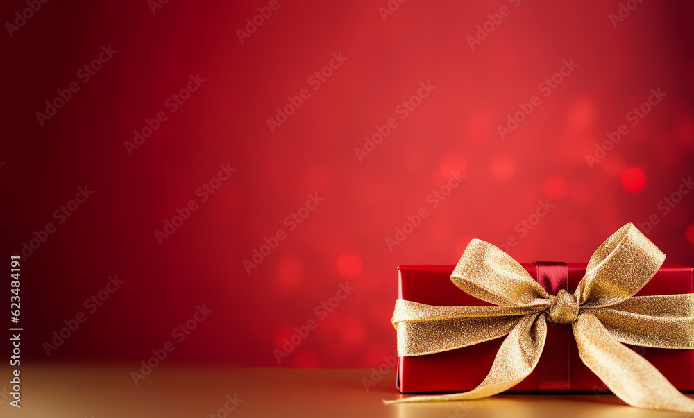 Stylish red christmas gift with golden ribbon and bow against bokeh lights background copy space Merry Christmas,festive, Holiday concept