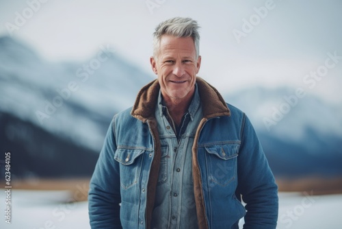 Studio portrait photography of a tender mature man wearing a denim jacket against a serene snow-capped mountain background. With generative AI technology
