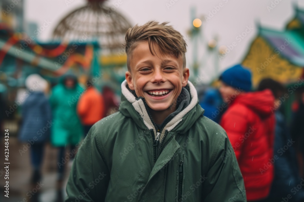 Fototapeta premium Lifestyle portrait photography of a grinning mature boy wearing a lightweight windbreaker against a crowded amusement park background. With generative AI technology
