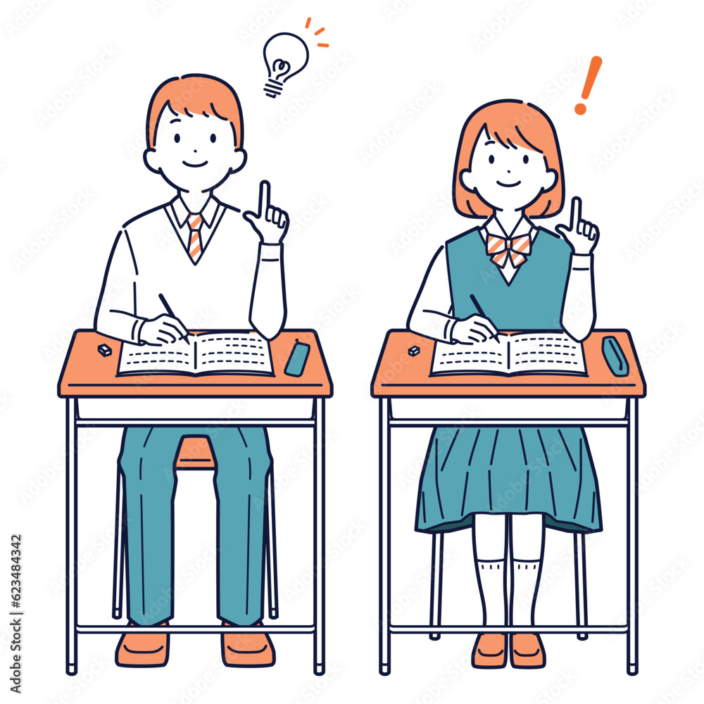 勉強中に解法がひらめく学生の男女_全身 勉強中に解法がひらめく学生の男女_全身