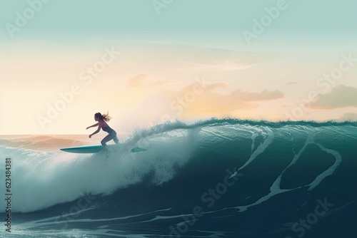 A woman surfer rides the waves. Generative ai.