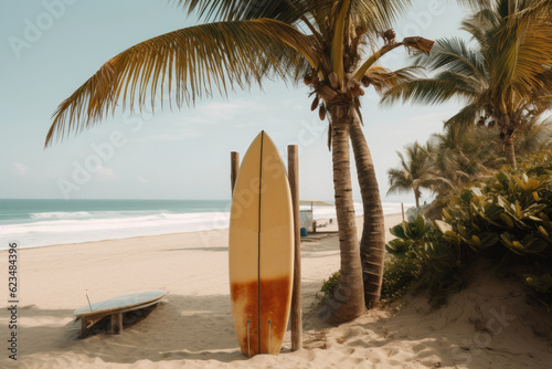 Surfboard stuck in the sand overlooking the ocean. Generative ai. © Iryna