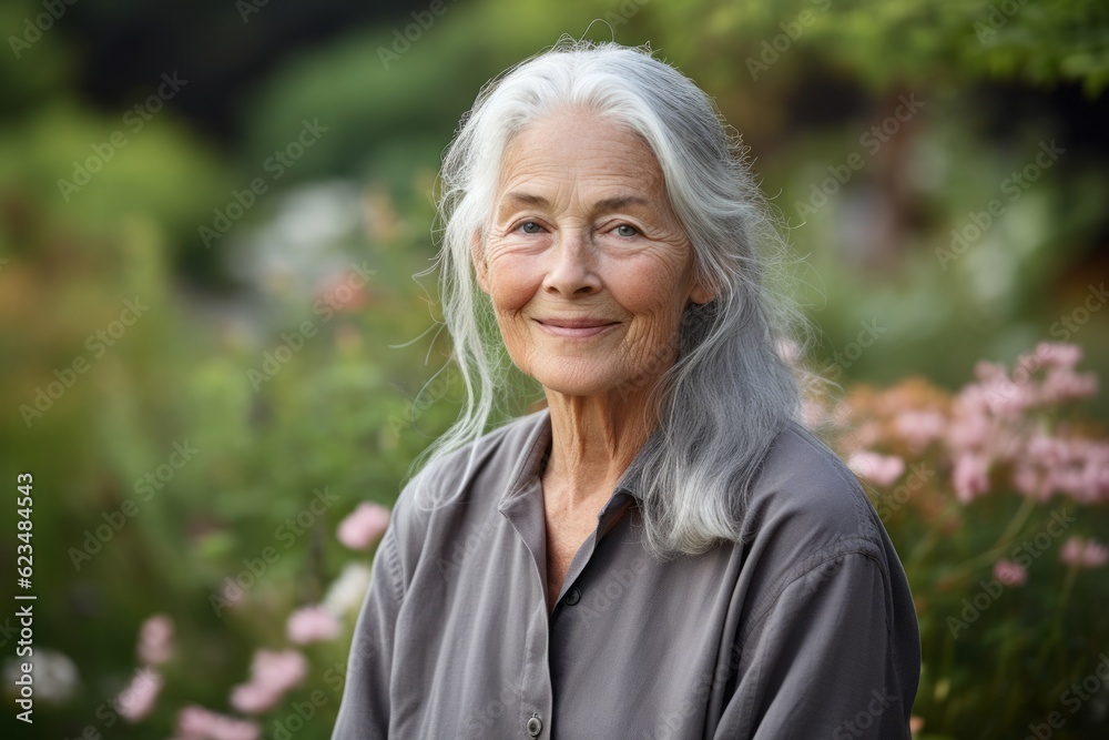 Photography in the style of pensive portraiture of a happy old woman wearing an elegant long-sleeve shirt against a serene zen garden background. With generative AI technology