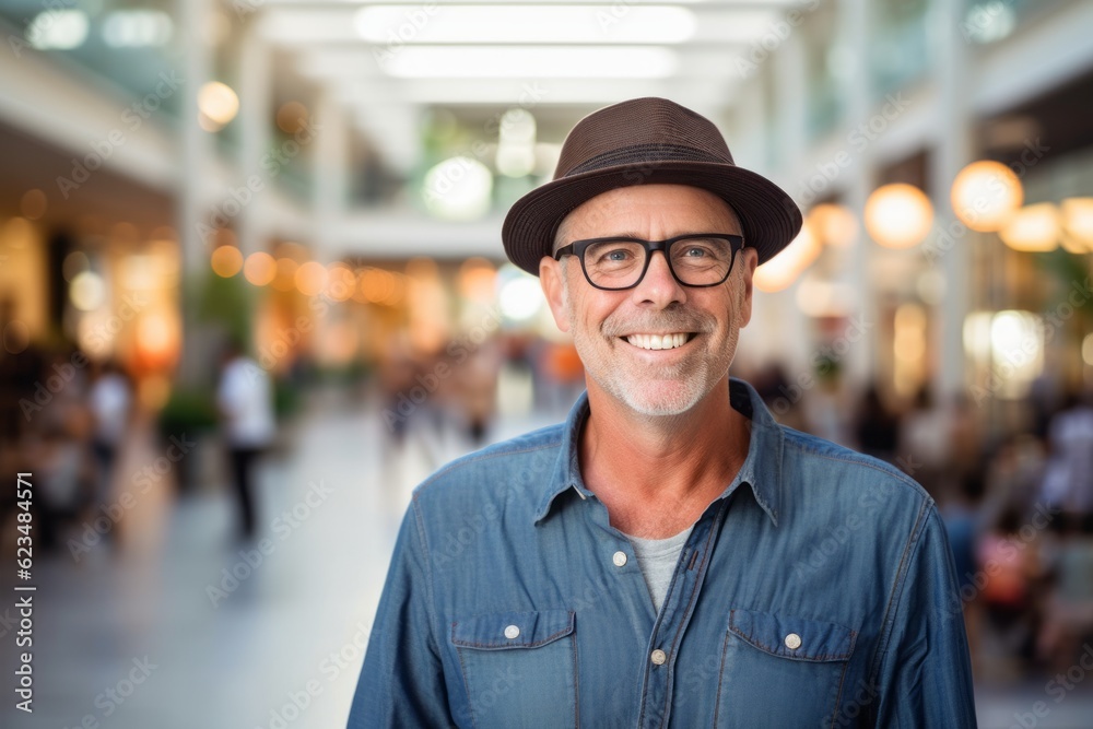 Environmental portrait photography of a glad mature man wearing a cool cap or hat against a bustling shopping mall background. With generative AI technology Environmental portrait photography of a glad mature man wearing a cool cap or hat against a bustling shopping mall background. With generative AI technology