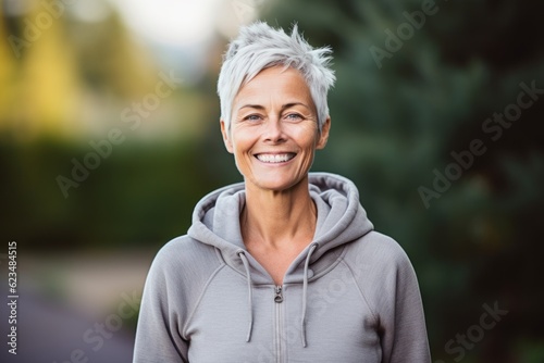 Studio portrait photography of a grinning mature woman wearing a cozy zip-up hoodie against a serene zen garden background. With generative AI technology