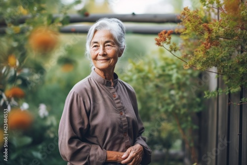 Photography in the style of pensive portraiture of a happy old woman wearing an elegant long-sleeve shirt against a serene zen garden background. With generative AI technology