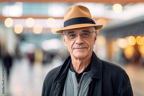 Environmental portrait photography of a glad mature man wearing a cool cap or hat against a bustling shopping mall background. With generative AI technology © Markus Schröder
