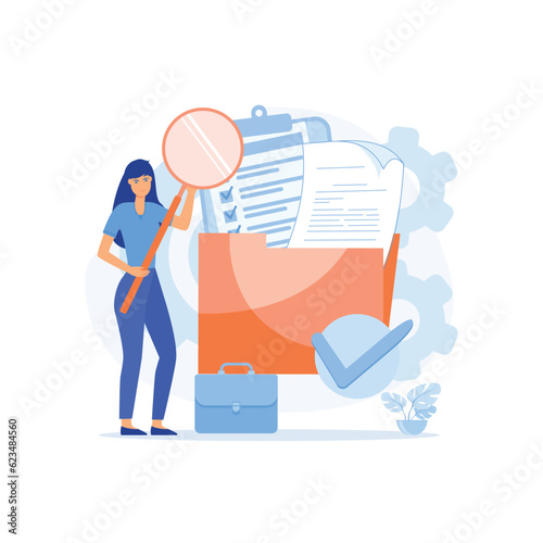 User and data archive, Storage and indexing of information. Businesswoman holds magnifying glass.  flat vector modern illustration 
