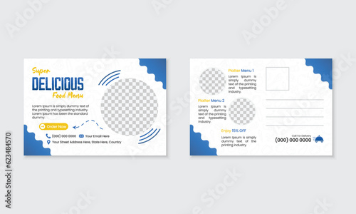 Restaurant food postcard design template, creative postcard design with blue gradient, delicious food menu postcard with space, standard new design