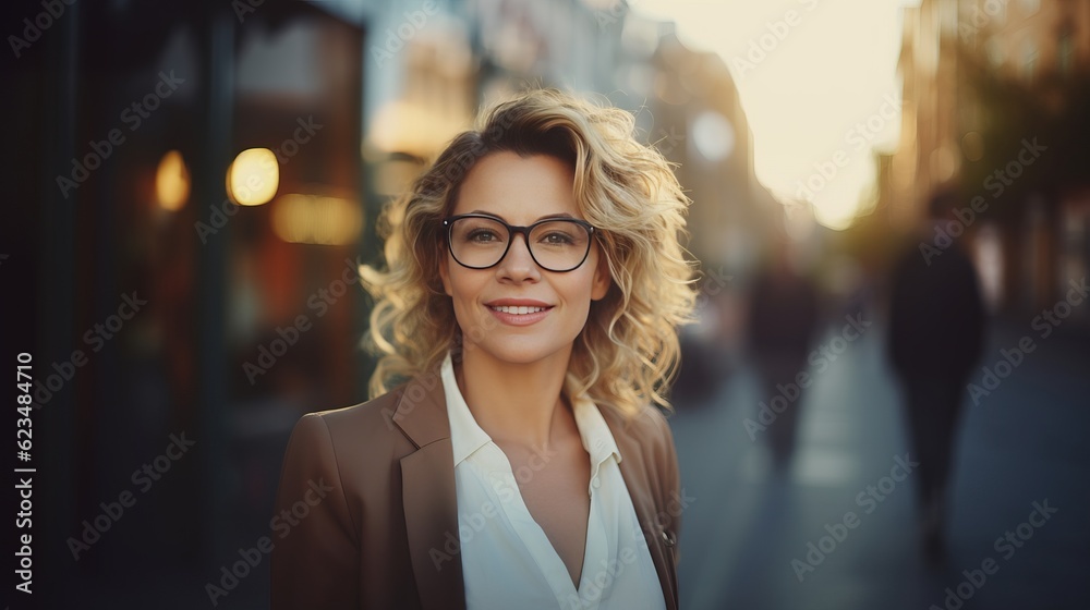 business woman on glasses. meeting and connection. at building district background in the morning, bokeh. dynamic lighting from the setting morning sun, generative Ai. business woman on glasses. meeting and connection. at building district background in the morning, bokeh. dynamic lighting from the setting morning sun, generative Ai.
