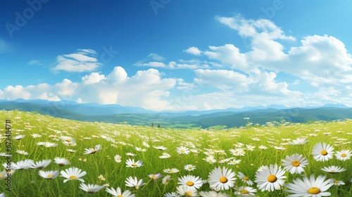 Green meadows with blue sky background, illustration for product presentation and template design.