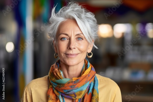 Wallpaper Mural Headshot portrait photography of a satisfied mature woman wearing a colorful neckerchief against a peaceful yoga studio background. With generative AI technology Torontodigital.ca