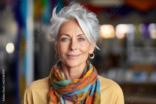 Headshot portrait photography of a satisfied mature woman wearing a colorful neckerchief against a peaceful yoga studio background. With generative AI technology