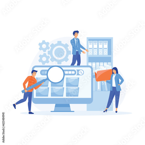  information storage concept, People taking documents using magnifying glass and searching files in electronic database, flat vector modern illustration