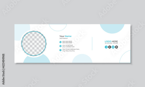 Clean simple email signature or email footer design template with blue accents, minimal personal social media cover with photo placeholder