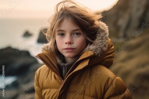 Medium shot portrait photography of a glad kid female wearing a cozy winter coat against a dramatic coastal cliff background. With generative AI technology