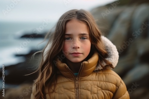 Medium shot portrait photography of a glad kid female wearing a cozy winter coat against a dramatic coastal cliff background. With generative AI technology © Markus Schröder